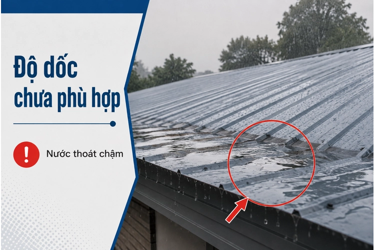 Độ dốc mái tôn chưa phù hợp khiến nước thoát chậm và dễ đọng