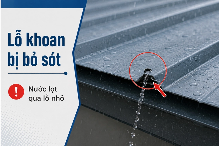 Lỗ khoan trên mái tôn bị bỏ sót khiến nước mưa lọt qua