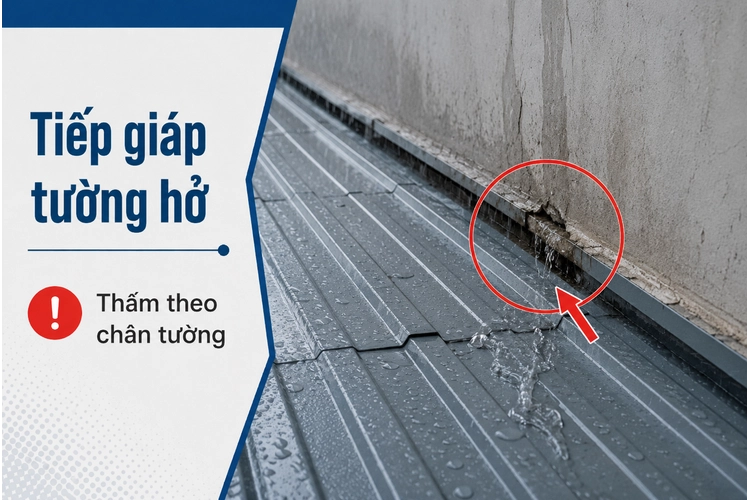 Vị trí mái tôn tiếp giáp với tường bị hở gây thấm dột
