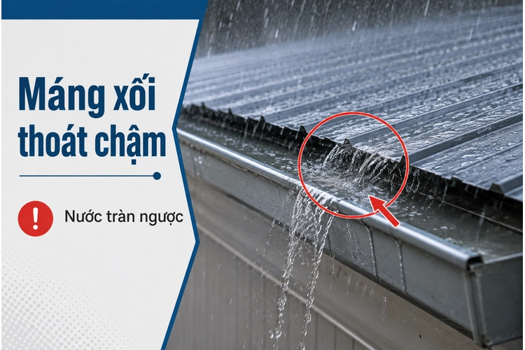 Máng xối mái tôn thoát nước chậm khiến nước tràn ngược