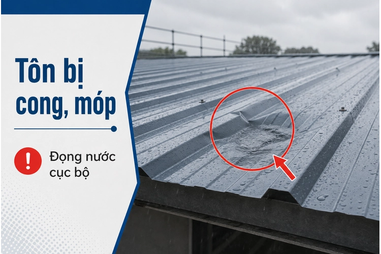 Tôn bị cong móp khiến nước đọng cục bộ trên mái