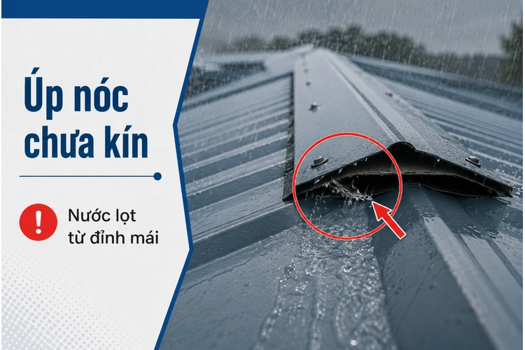 Úp nóc mái tôn chưa kín khiến nước mưa lọt từ đỉnh mái